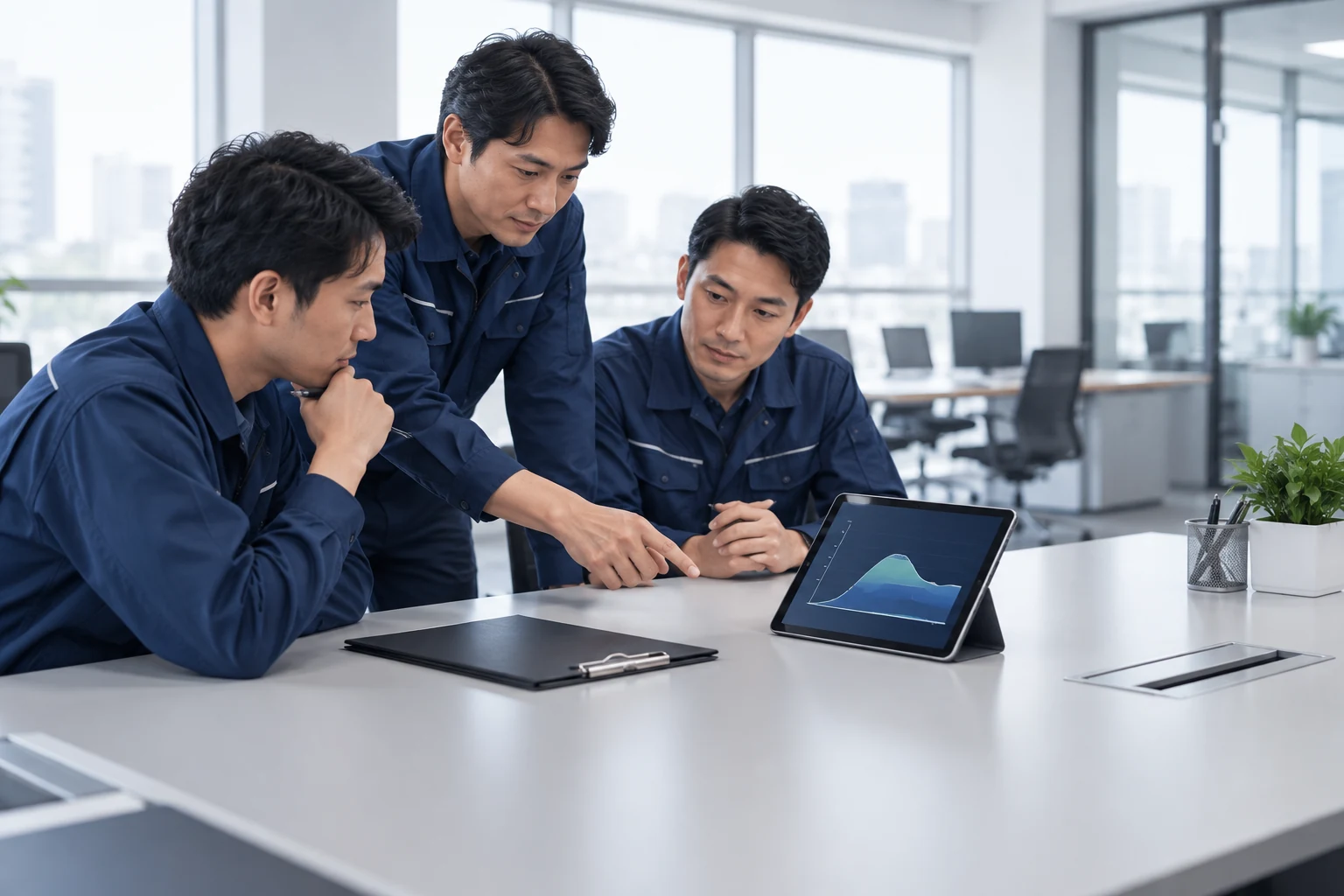 Engineers reviewing an abstract tablet display and project records