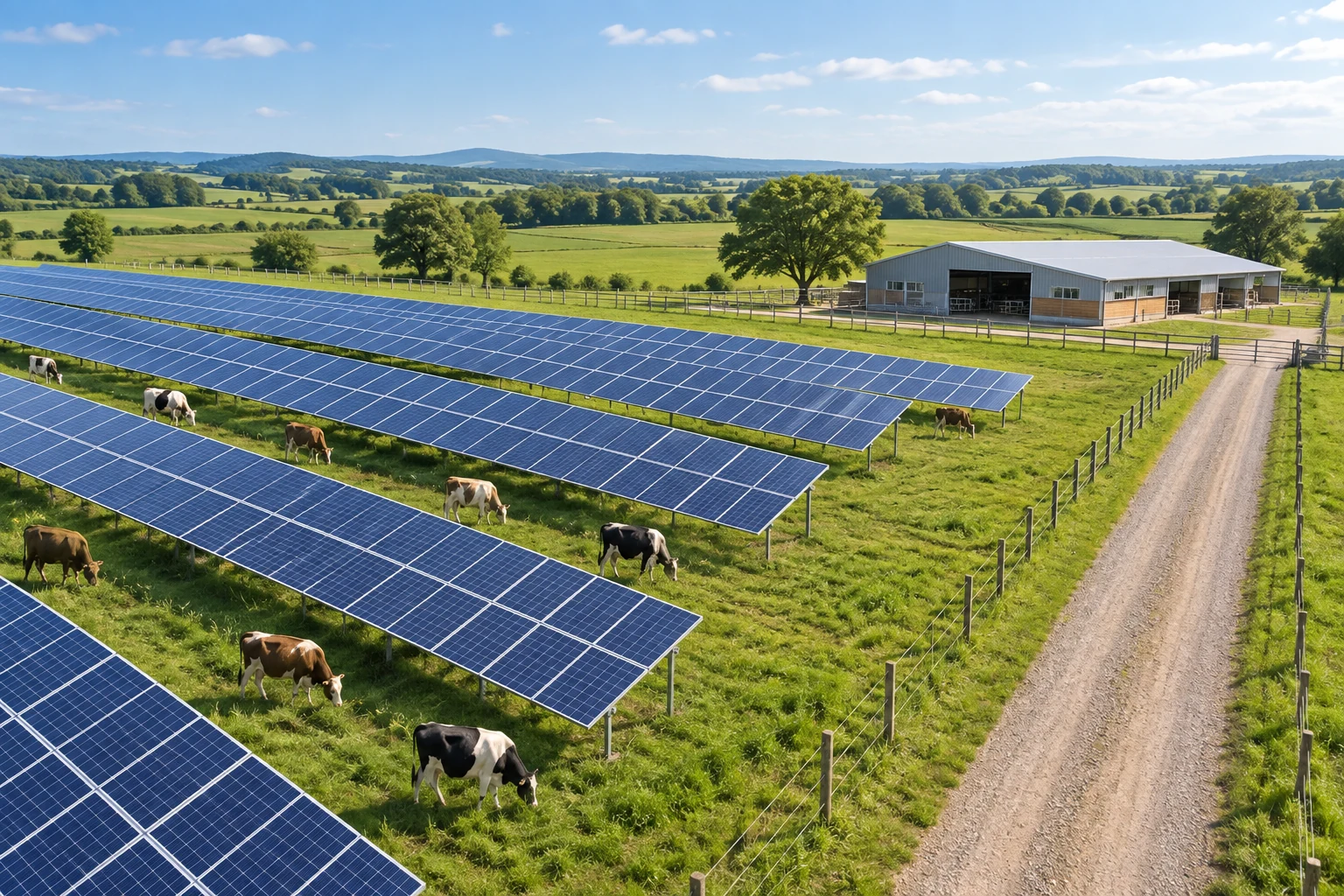 Solar panels beside a farm access lane in an illustrative agricultural setting
