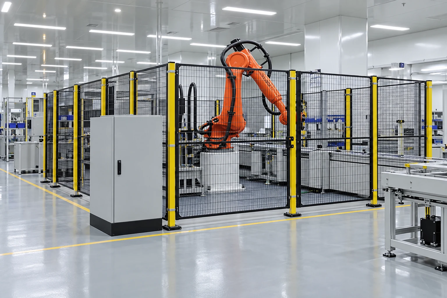 Inactive orange industrial robot behind a complete factory safety fence
