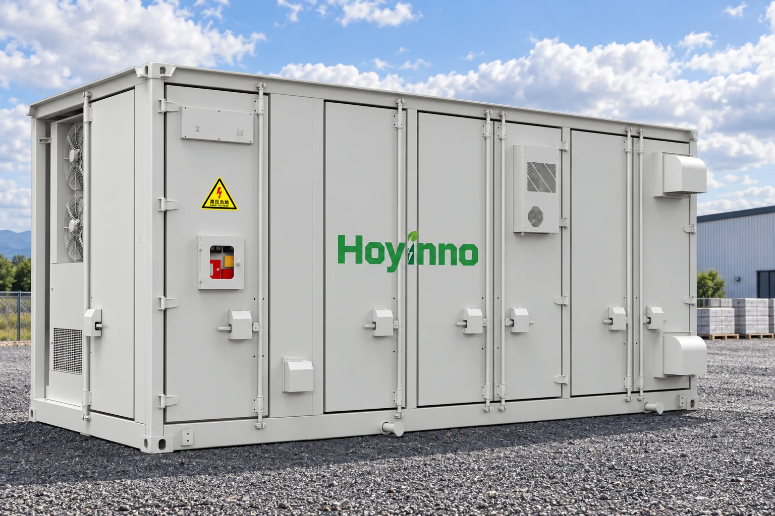 Grey Hoyinno container with brand and high voltage warning at a service yard
