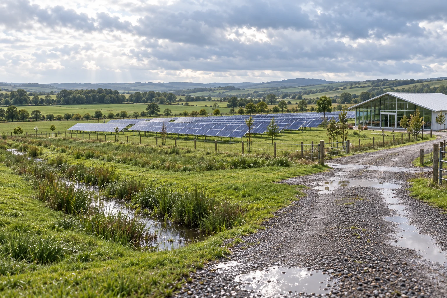 Rural solar site with access lane and drainage features after rain