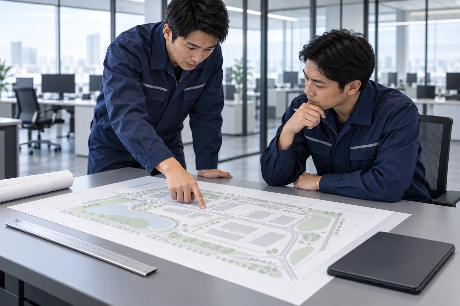 Engineers reviewing a schematic site plan on an office desk