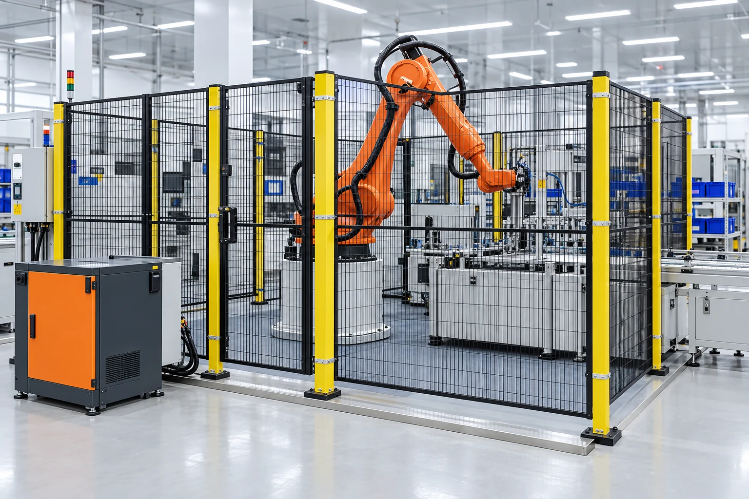 Orange industrial robot behind a closed black and yellow safety fence
