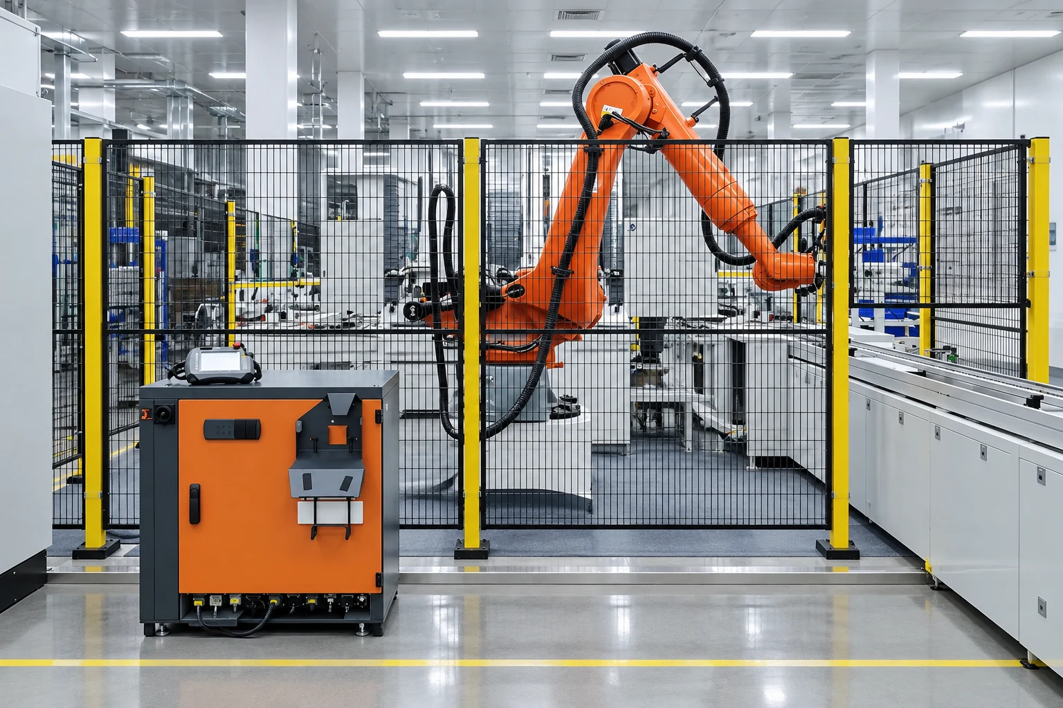 Orange industrial robot behind a safety fence illustrating factory context