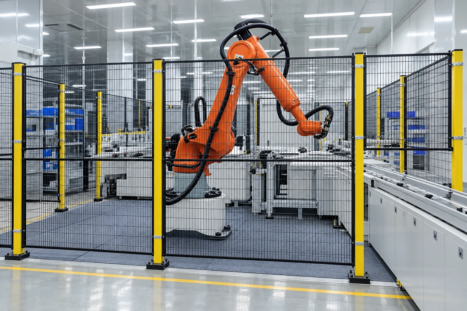 Orange industrial robot behind intact safety fencing illustrating factory context
