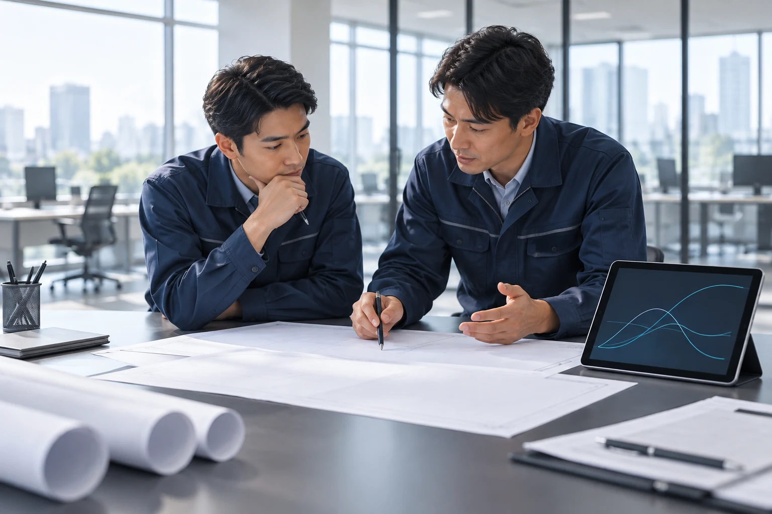 Engineers discussing drawings and abstract curves during control-interface review