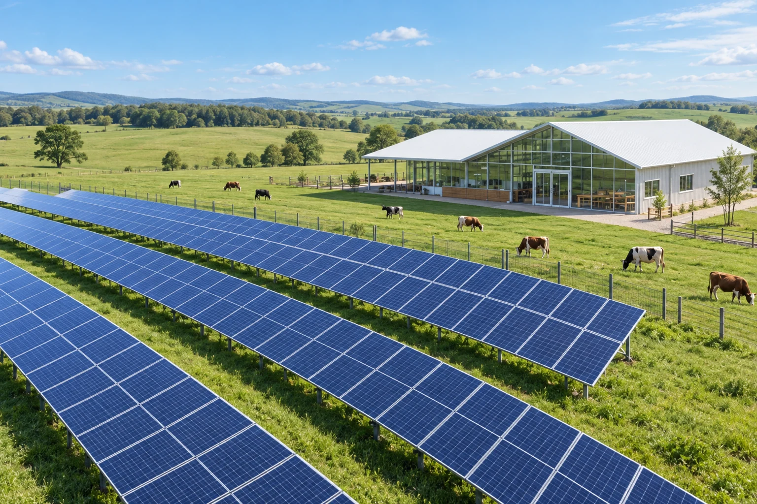 Solar panels beside a farm building illustrating generation and load context