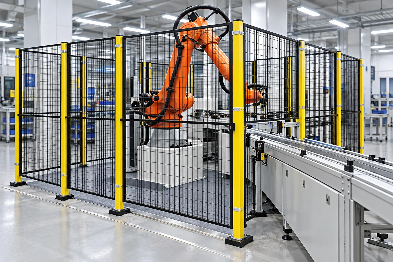 Guarded industrial robot workcell illustrating factory context separate from onsite acceptance