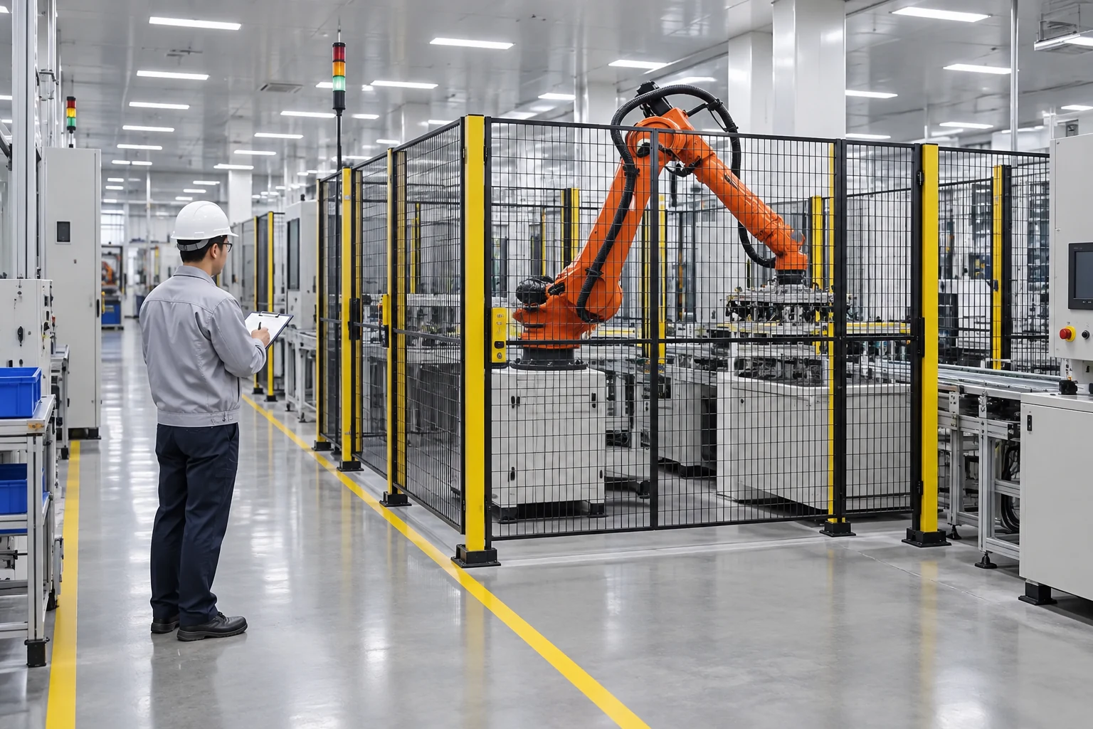 Guarded industrial robot workcell illustrating factory inspection context before site acceptance