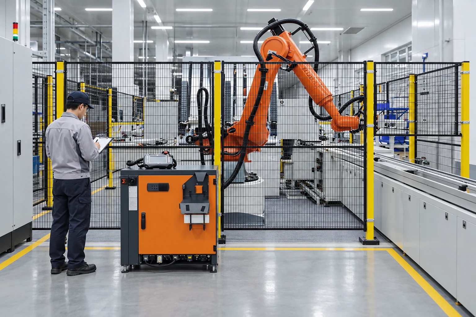 Guarded industrial robot illustrating manufacturing inspection context