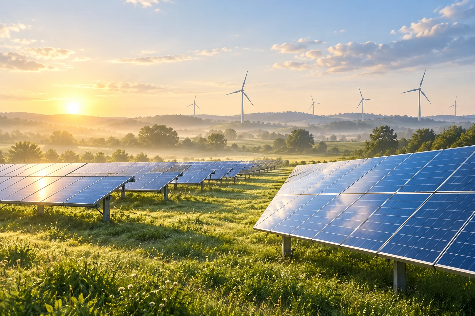 Solar panels and wind turbines illustrating renewable generation