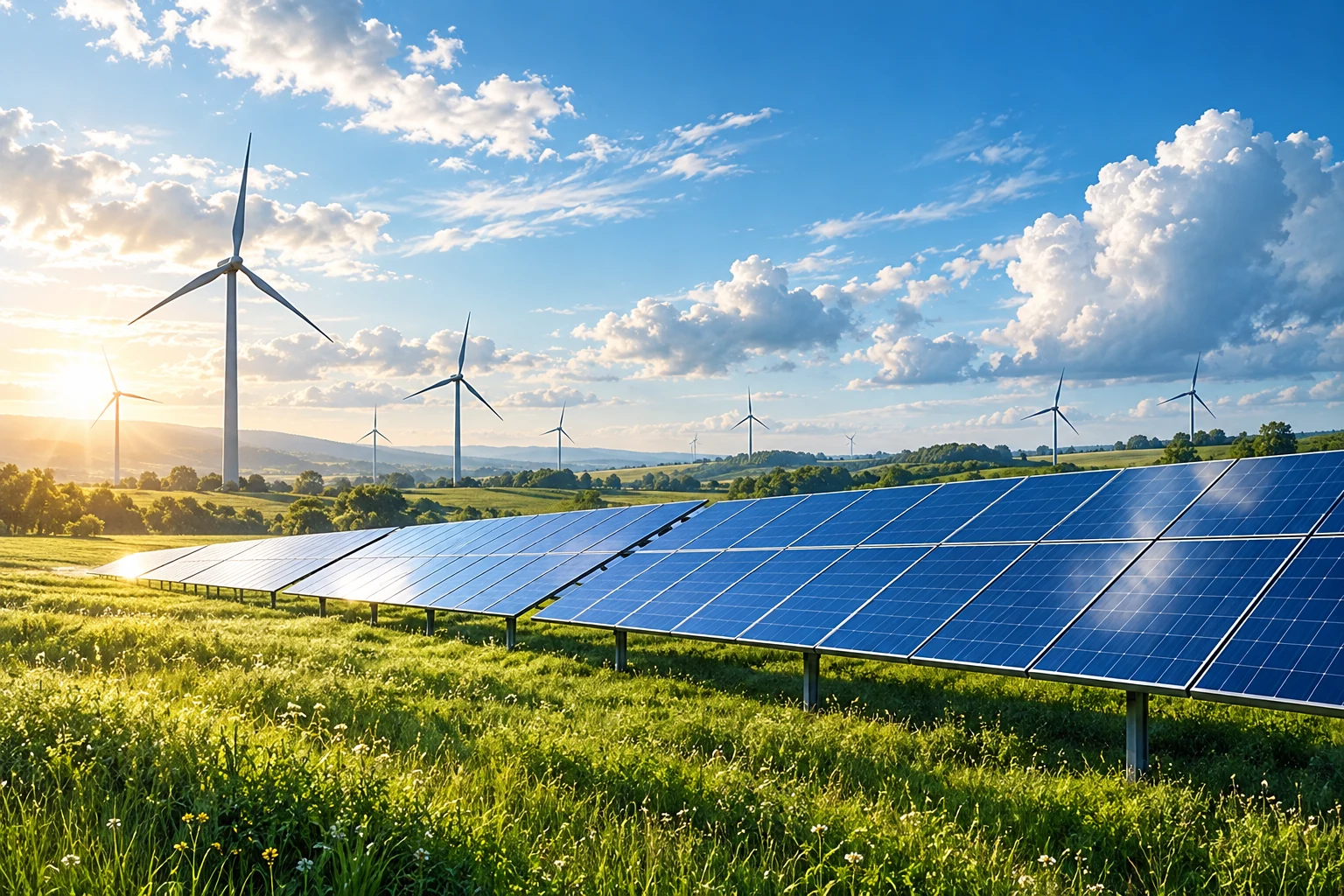 Solar arrays and distant wind turbines illustrating variable resource conditions
