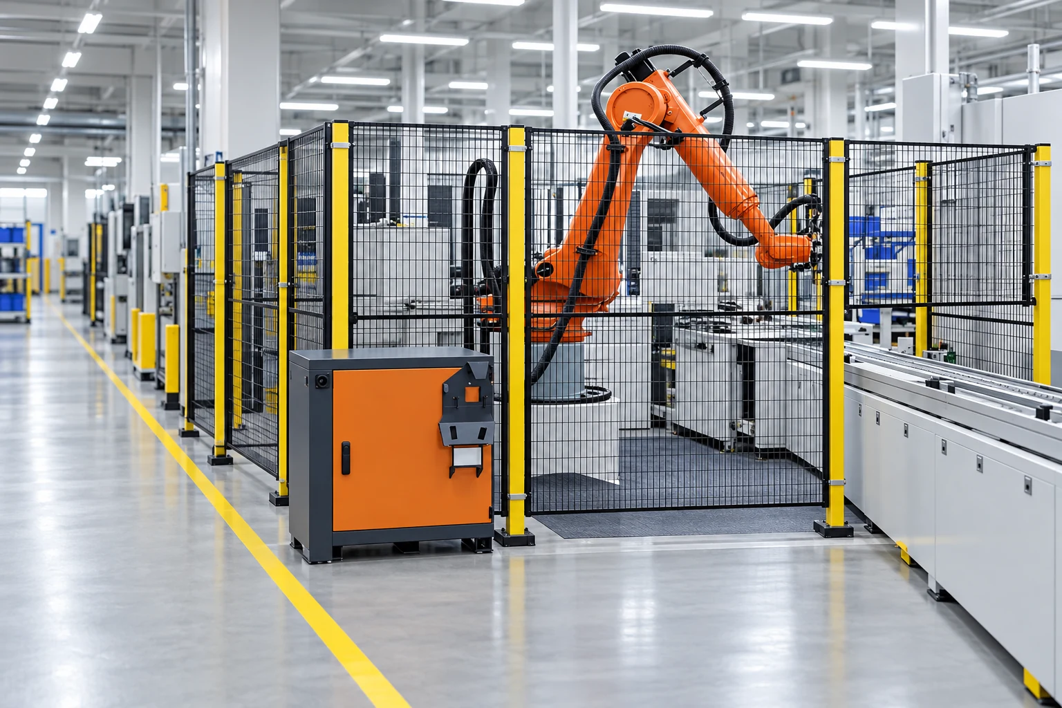 Guarded robotic workcell illustrating factory inspection context