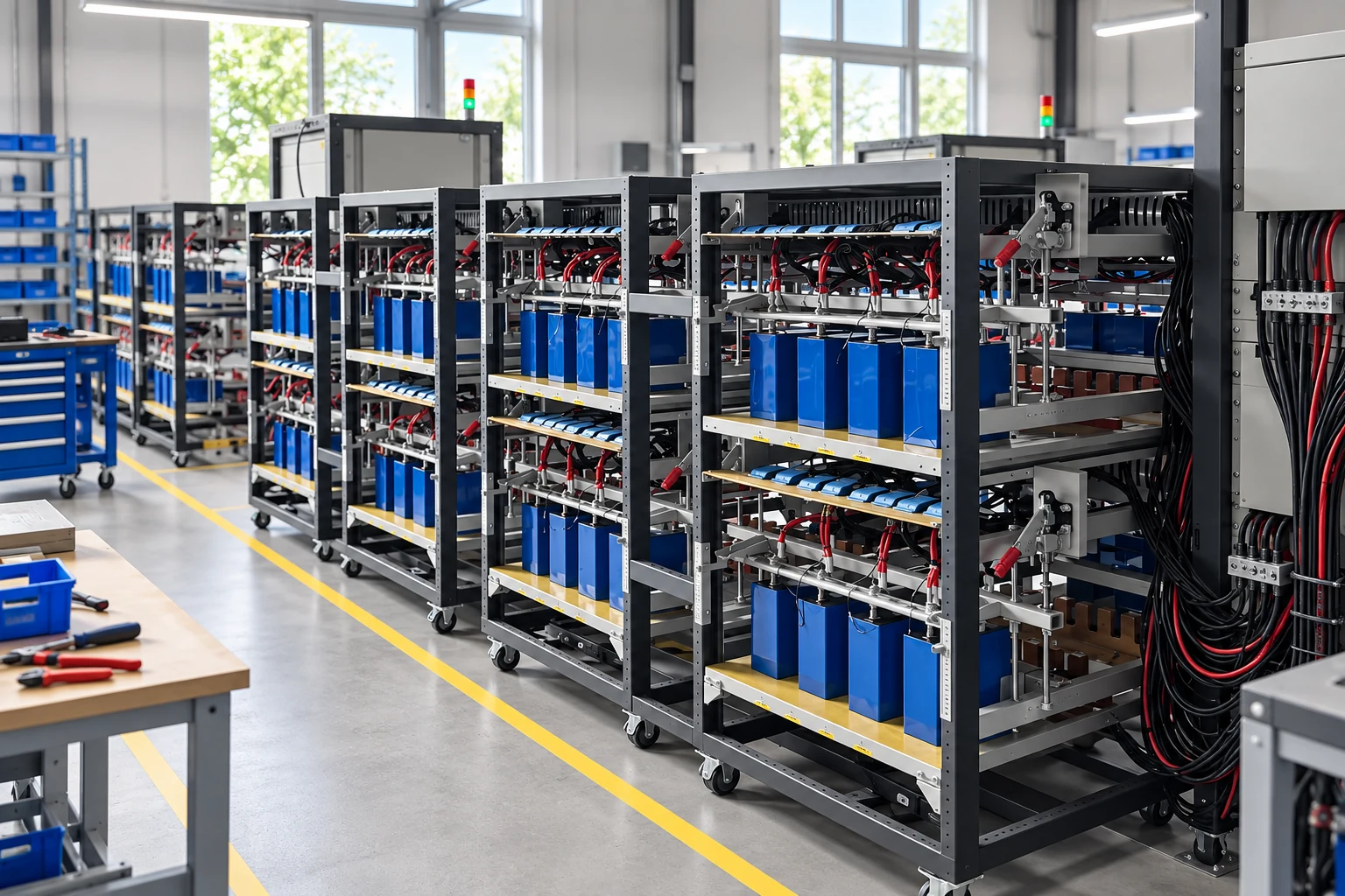 Illustrative workshop racks for assembly and inspection context