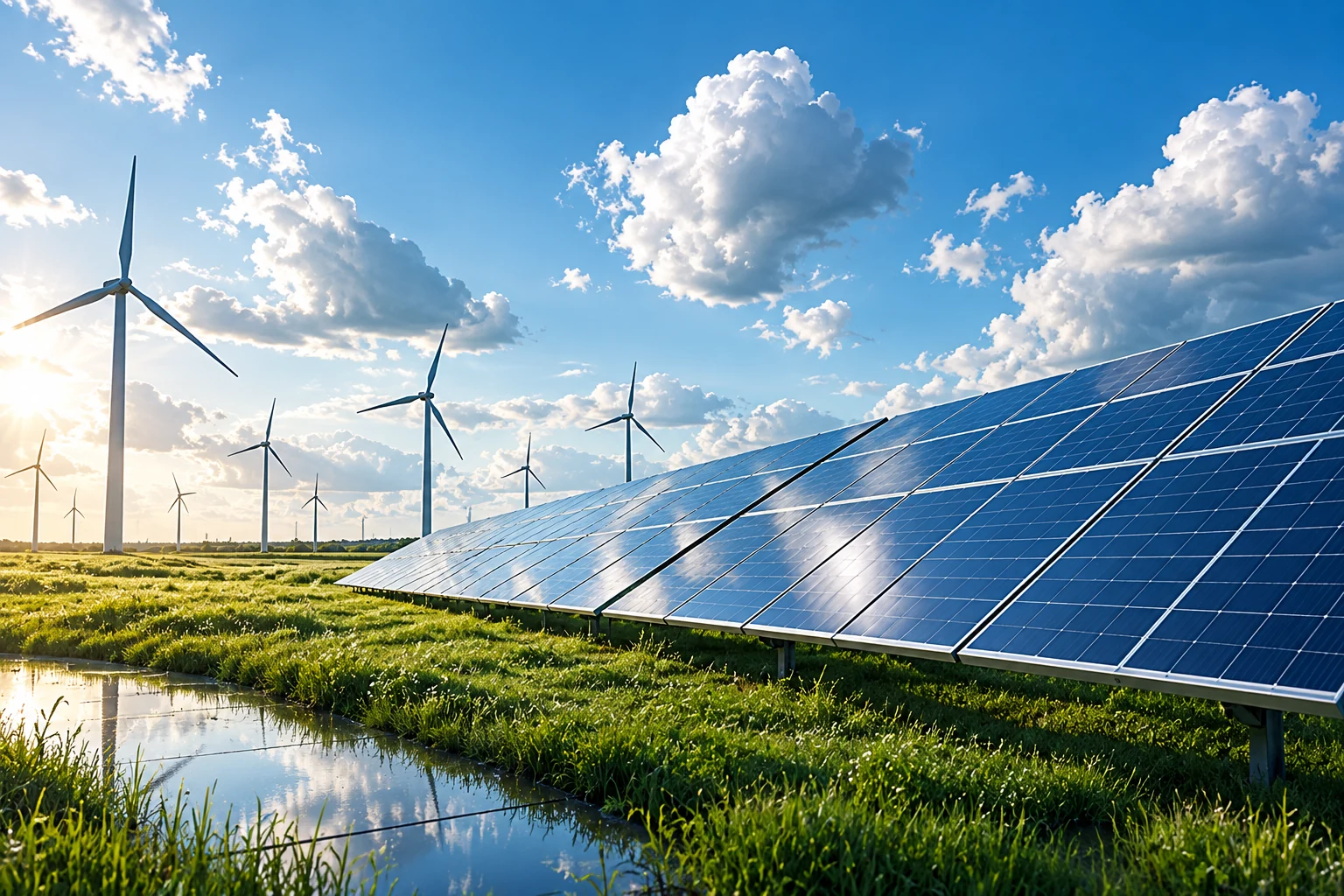 Illustrative solar panels and wind turbines under passing clouds