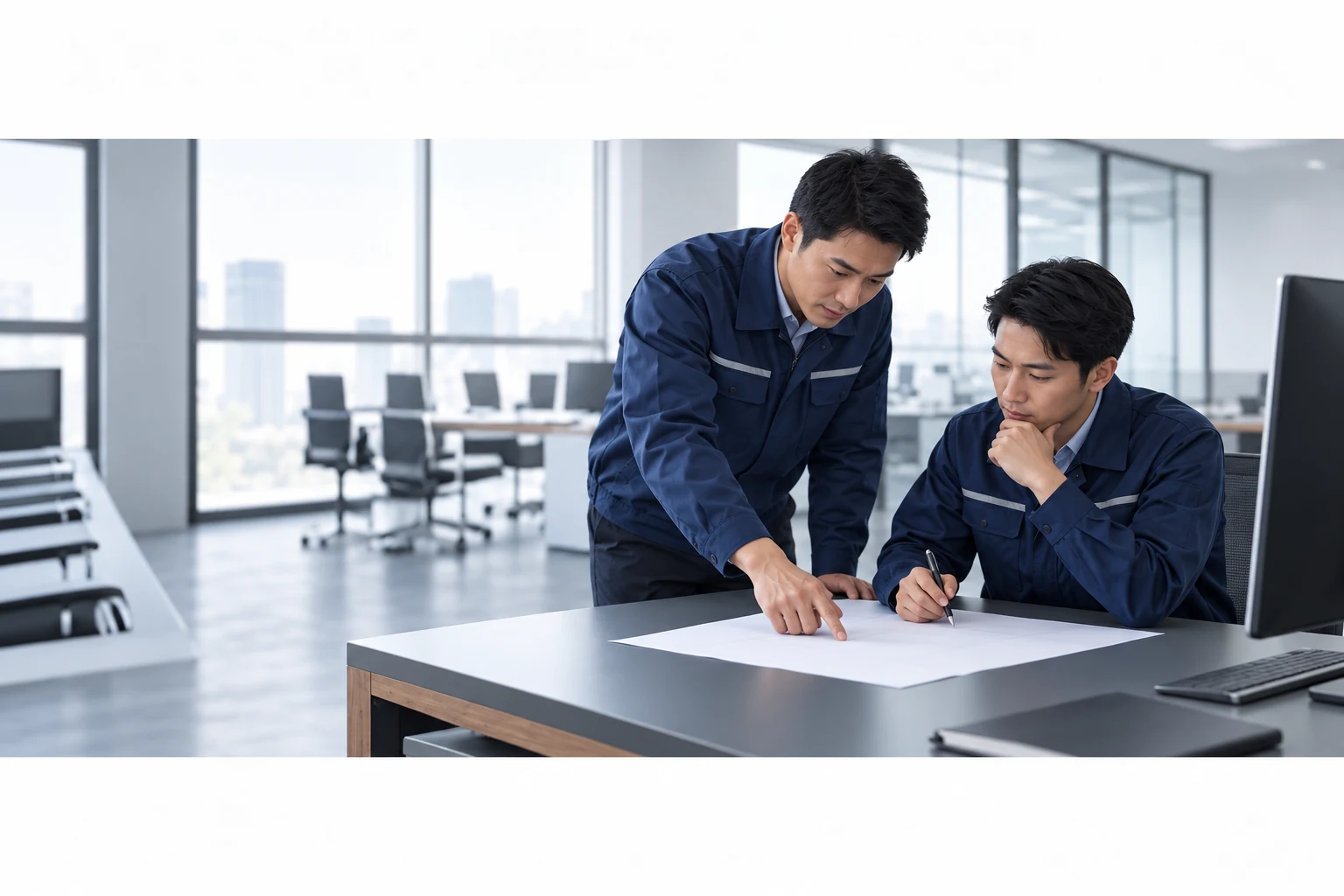 Illustrative engineering discussion with unmarked planning sheets