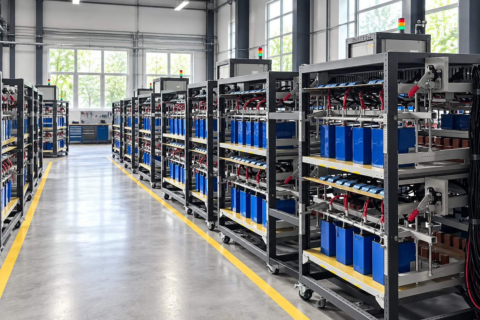 Illustrative equipment racks with blue modules in an assembly area