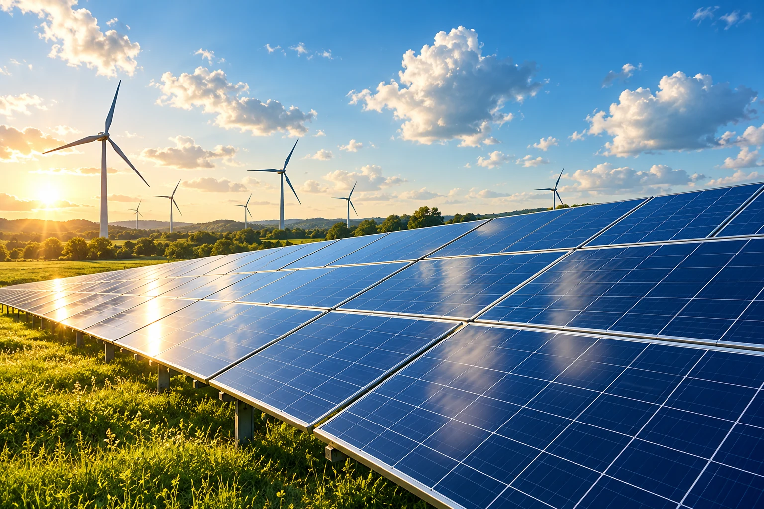 Illustrative solar panels and distant wind turbines