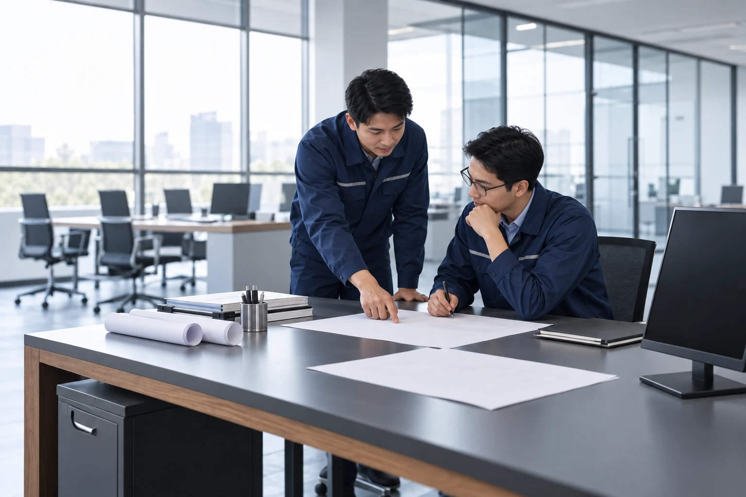 Illustrative engineering team reviewing plain documents