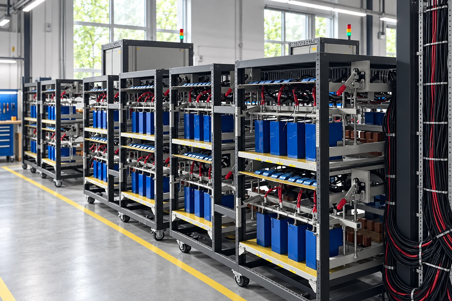 Illustrative open electrical assembly racks and wiring