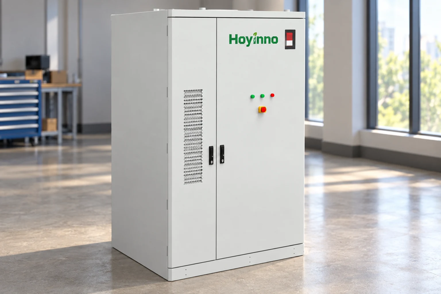 Hoyinno cabinet with two doors two handles and a narrow vertical vent