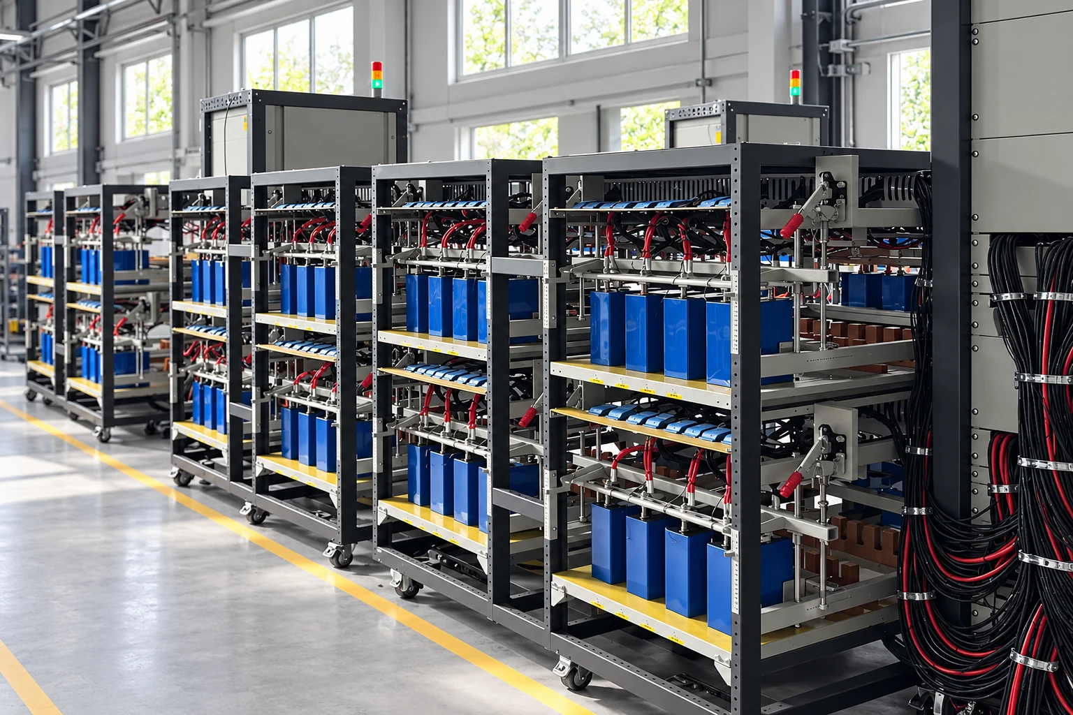 Illustrative assembly racks containing blue modules and wiring
