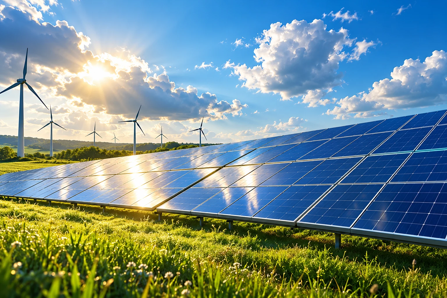 Illustrative solar panels and distant wind turbines under changing daylight