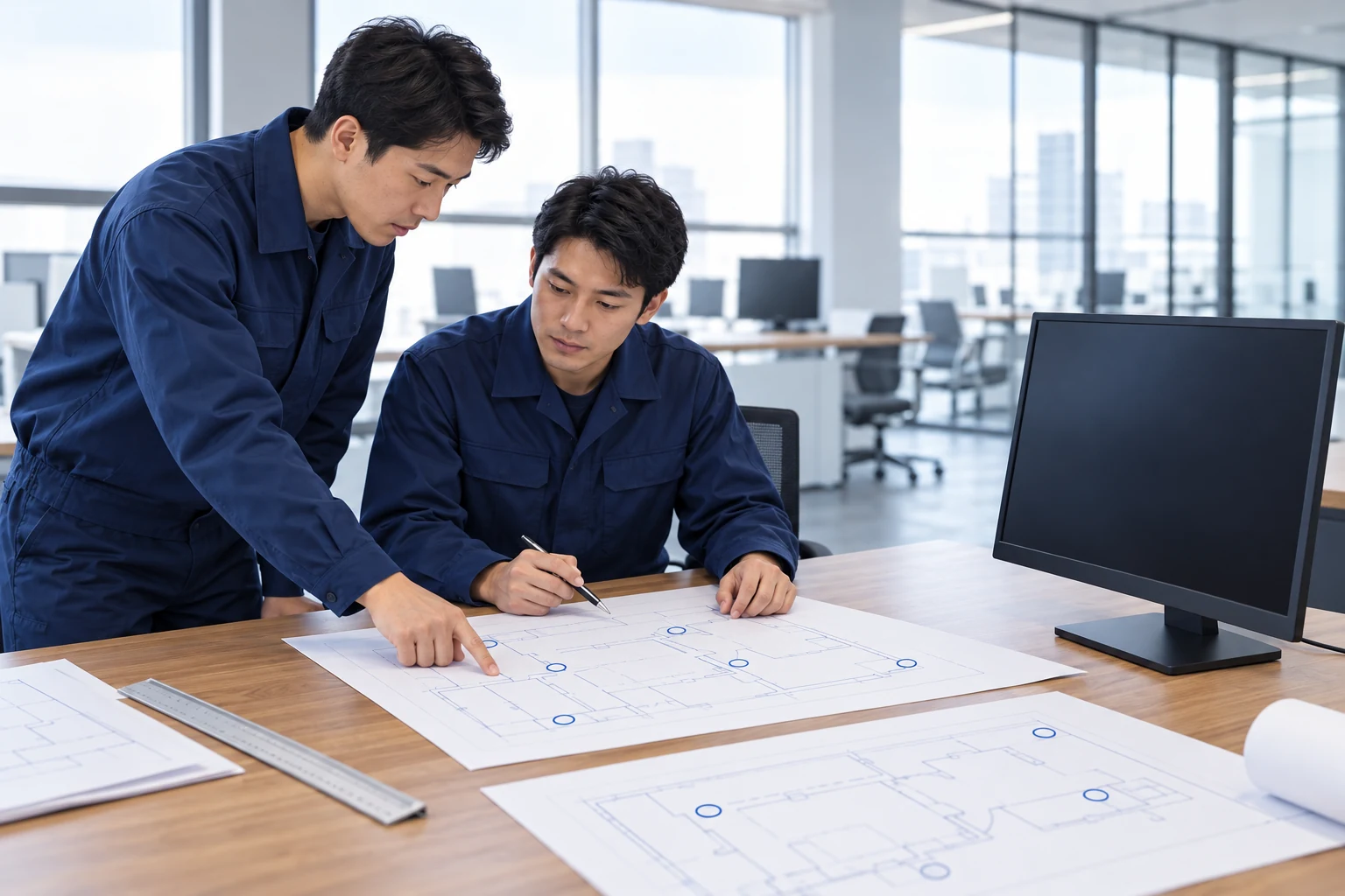 Illustrative engineers reviewing documents about measurement locations