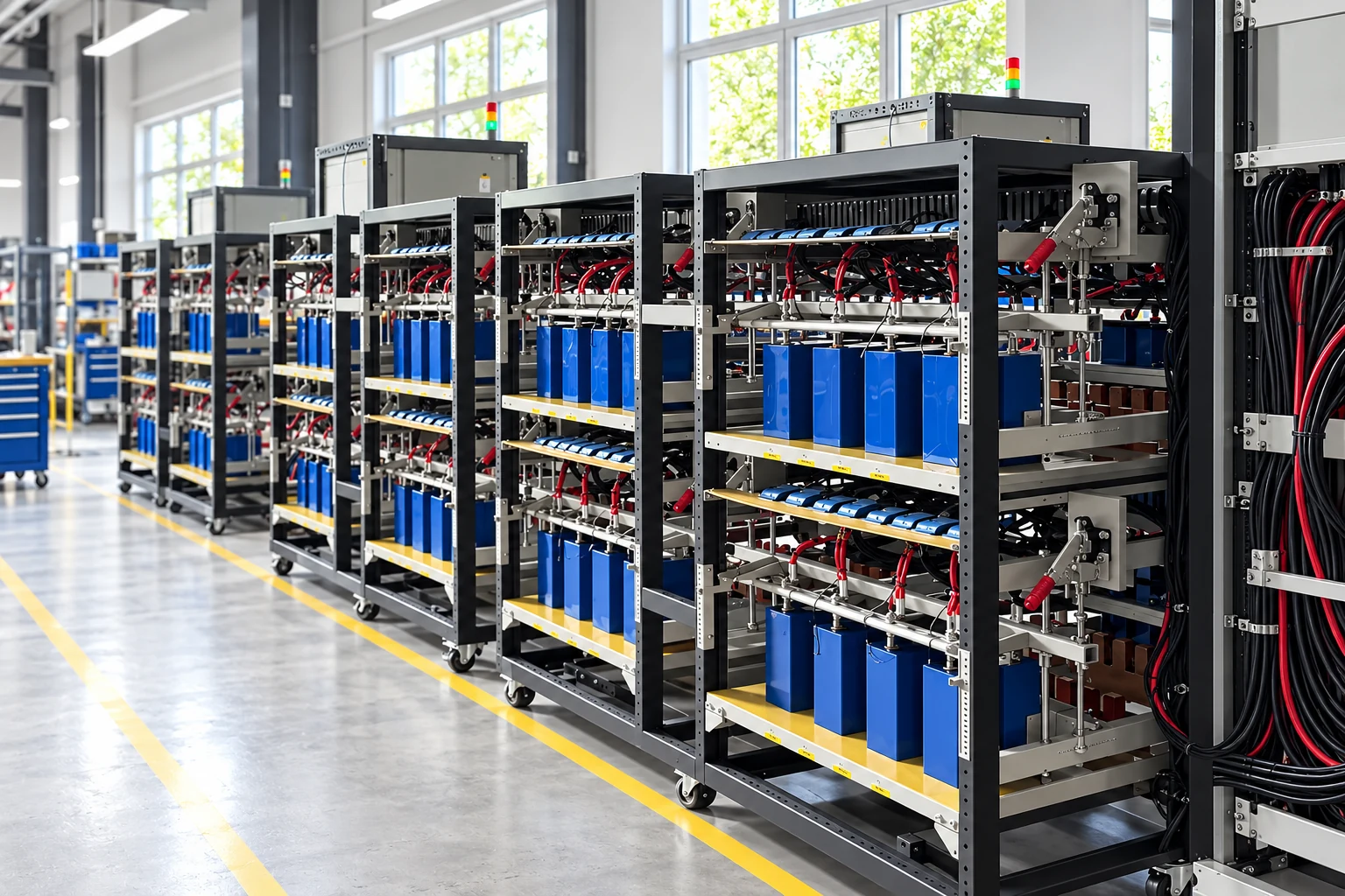 Illustrative open assembly racks with electrical modules and wiring