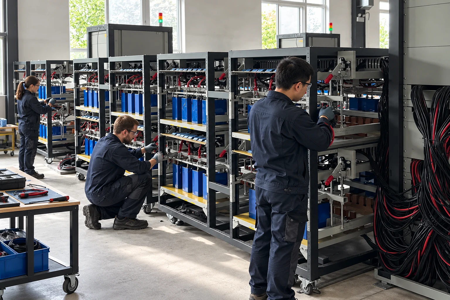 Electrical module racks and assembly staff illustrating component integration