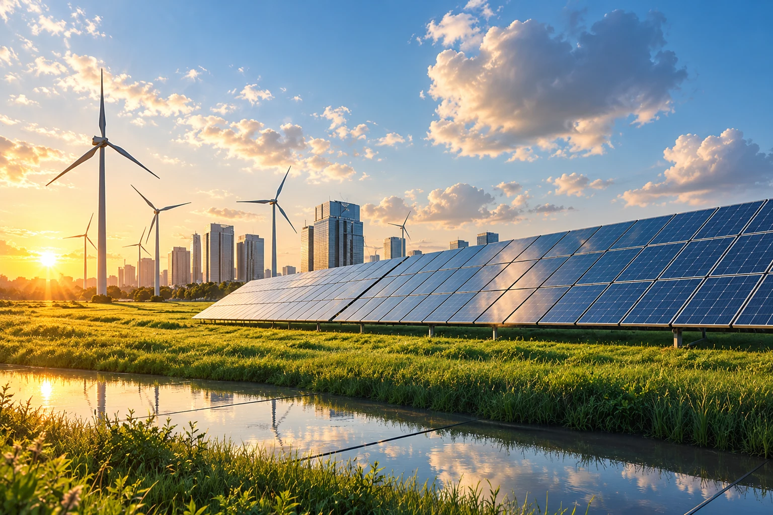 Solar modules and wind turbines illustrating variable renewable generation
