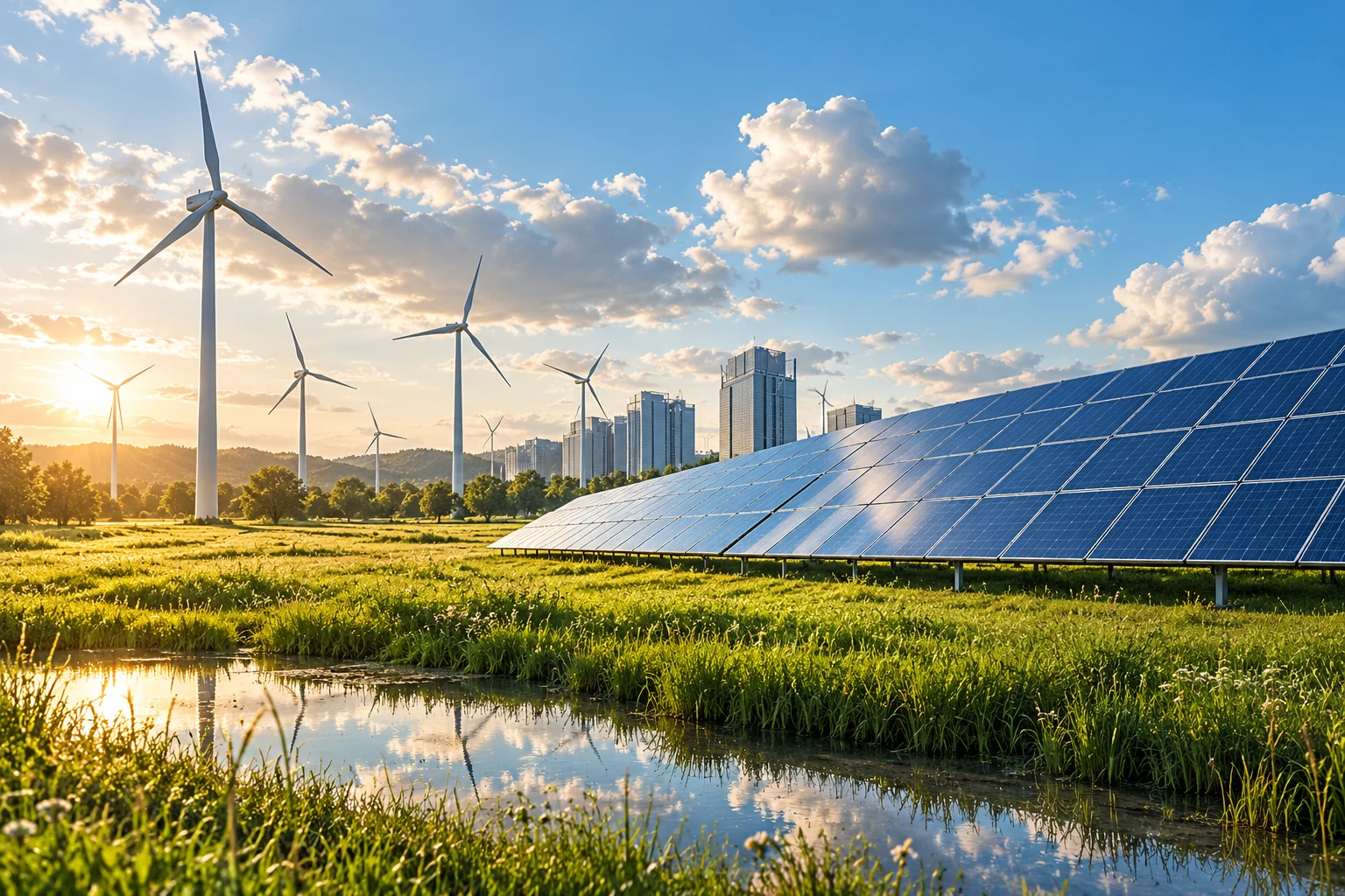 Solar modules and wind turbines illustrating variable renewable generation