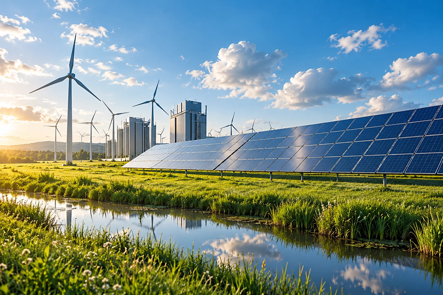 Solar modules and wind turbines illustrating renewable generation