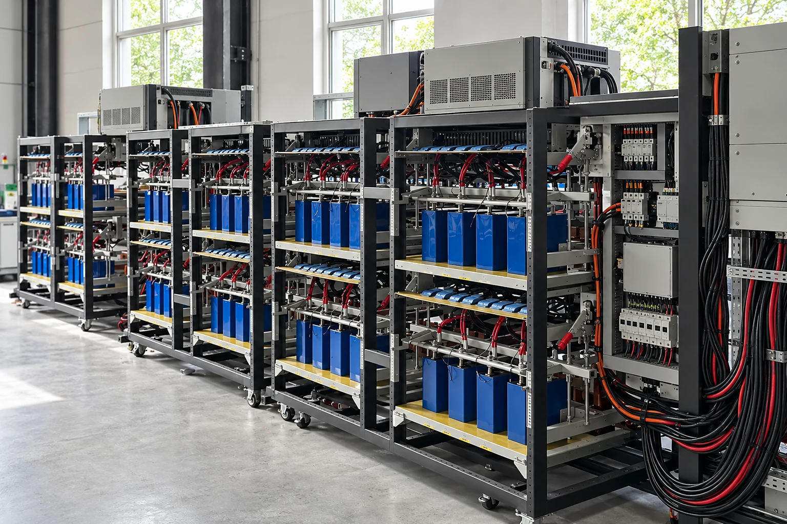 Open electrical module racks illustrating component integration
