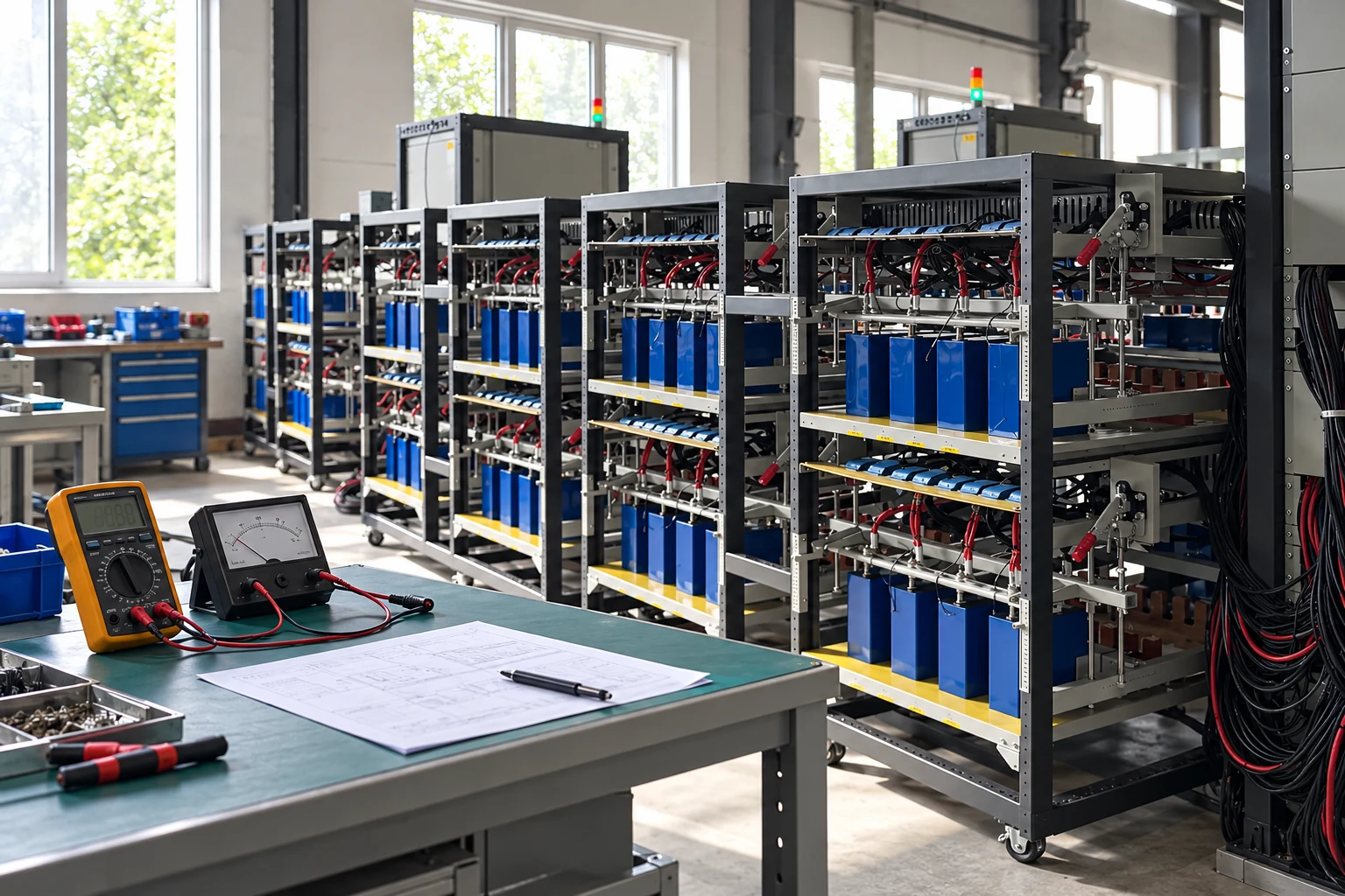 Electrical storage modules and wiring on open equipment racks