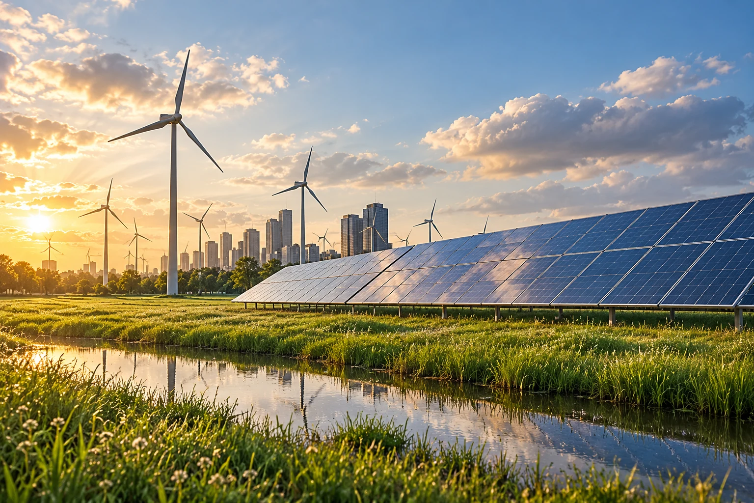 Solar panels and wind turbines illustrating renewable generation context