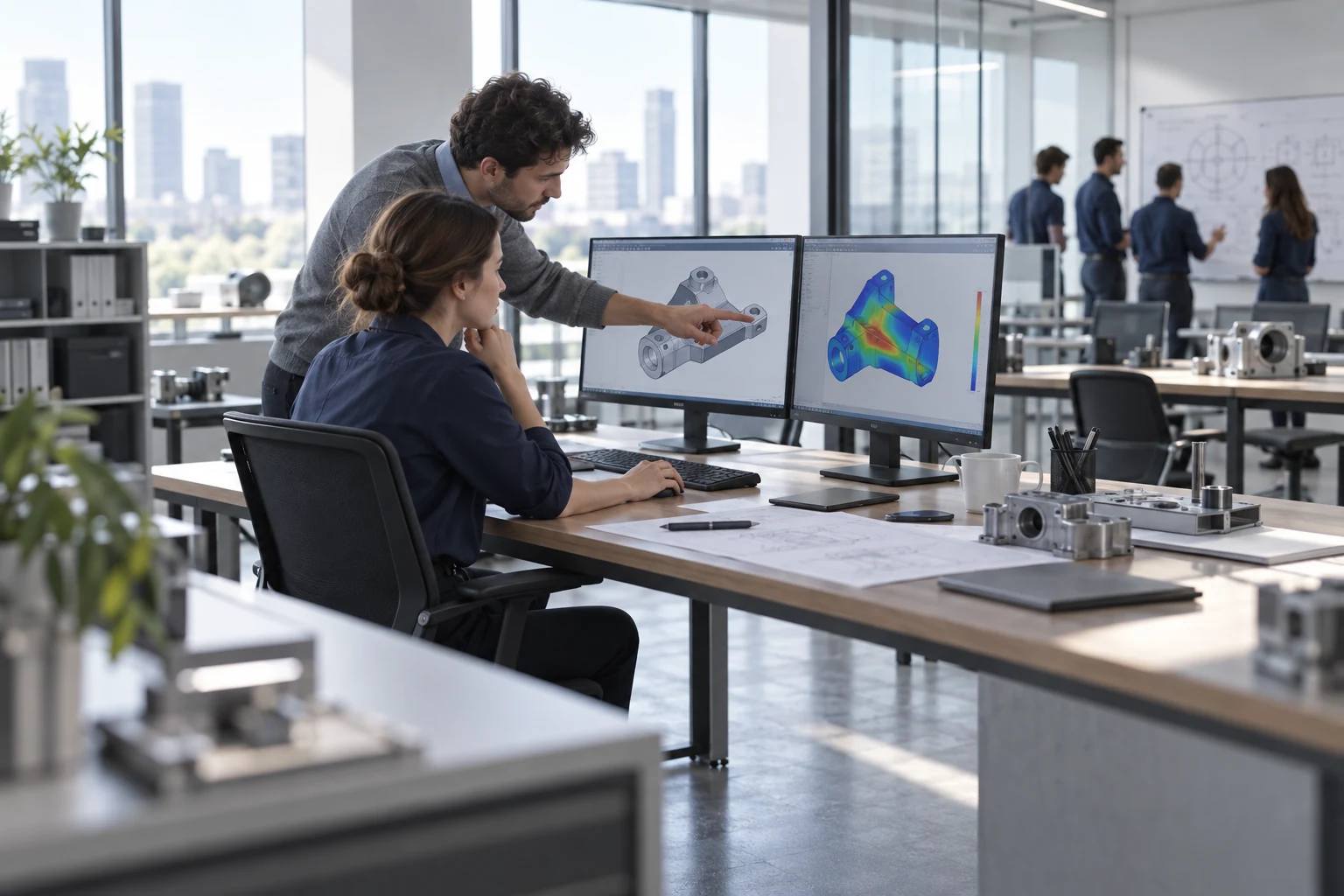 Engineering team reviewing technical models in an office