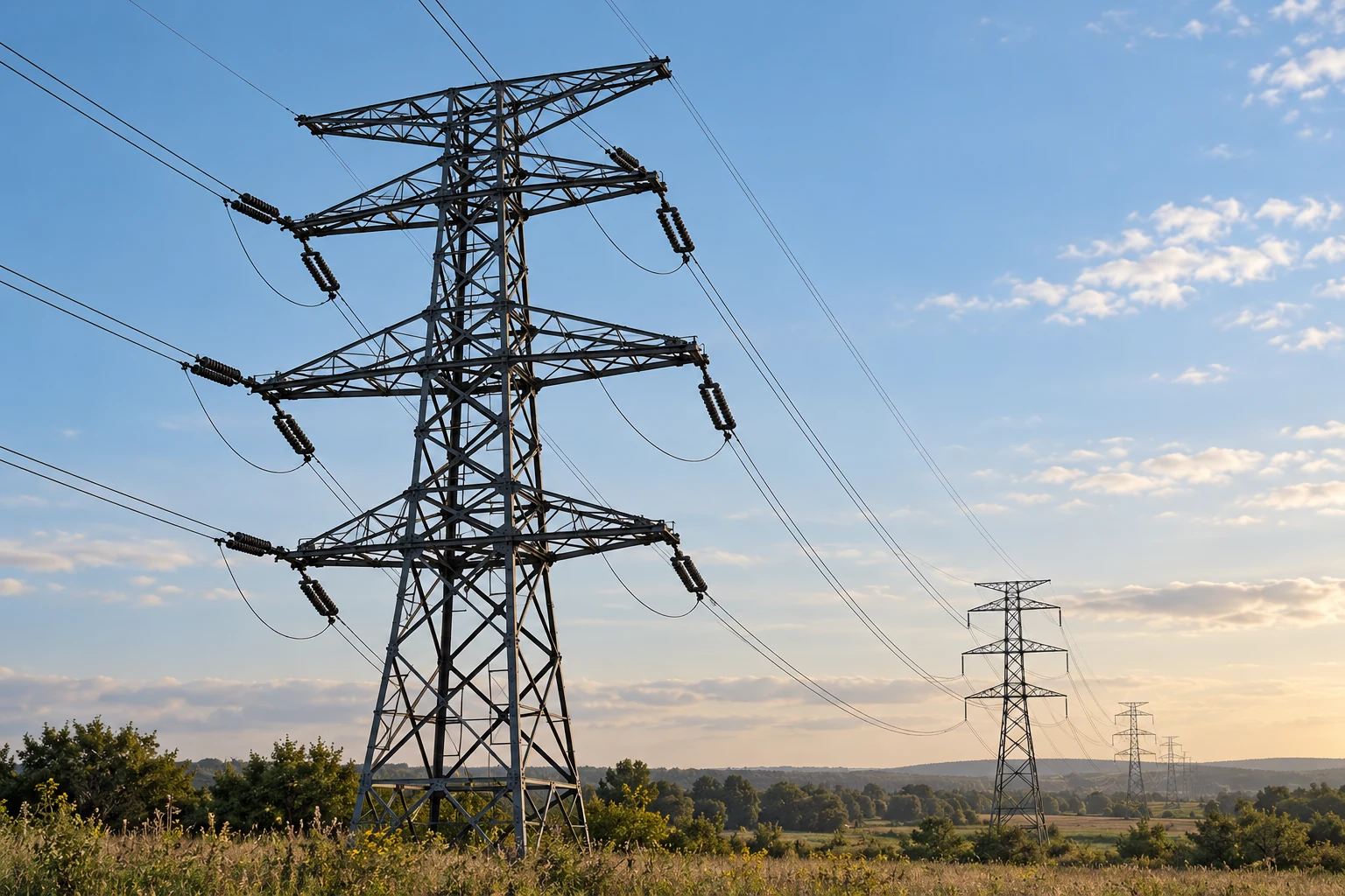 Electricity transmission tower and conductors illustrating grid support