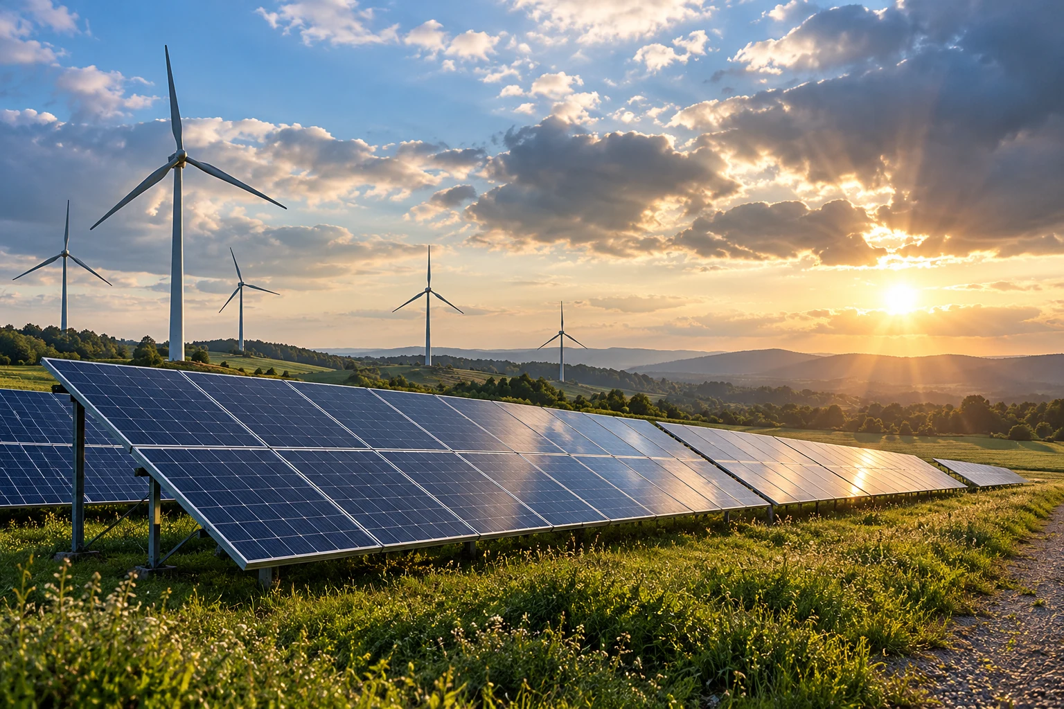 Solar panel array and wind turbines beneath a partly cloudy sunset sky