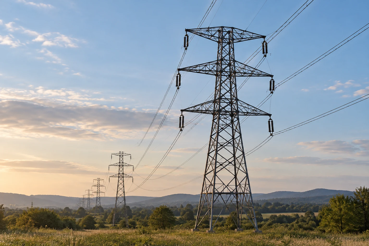 Transmission tower and power lines in a rural landscape