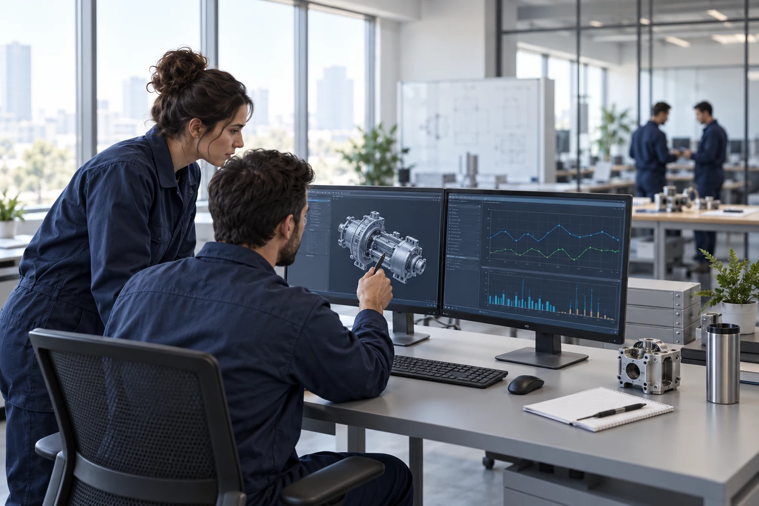 Engineers reviewing technical models and charts in a workspace