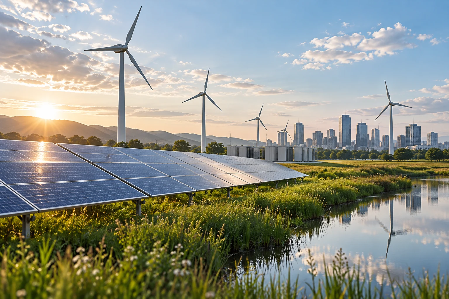 Solar panel array and wind turbines at sunset