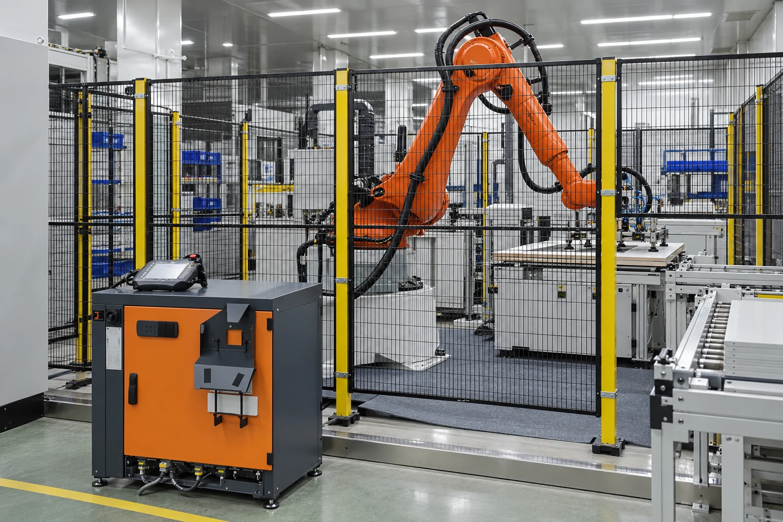 Industrial robot in a guarded manufacturing cell illustrating pre-shipment production context