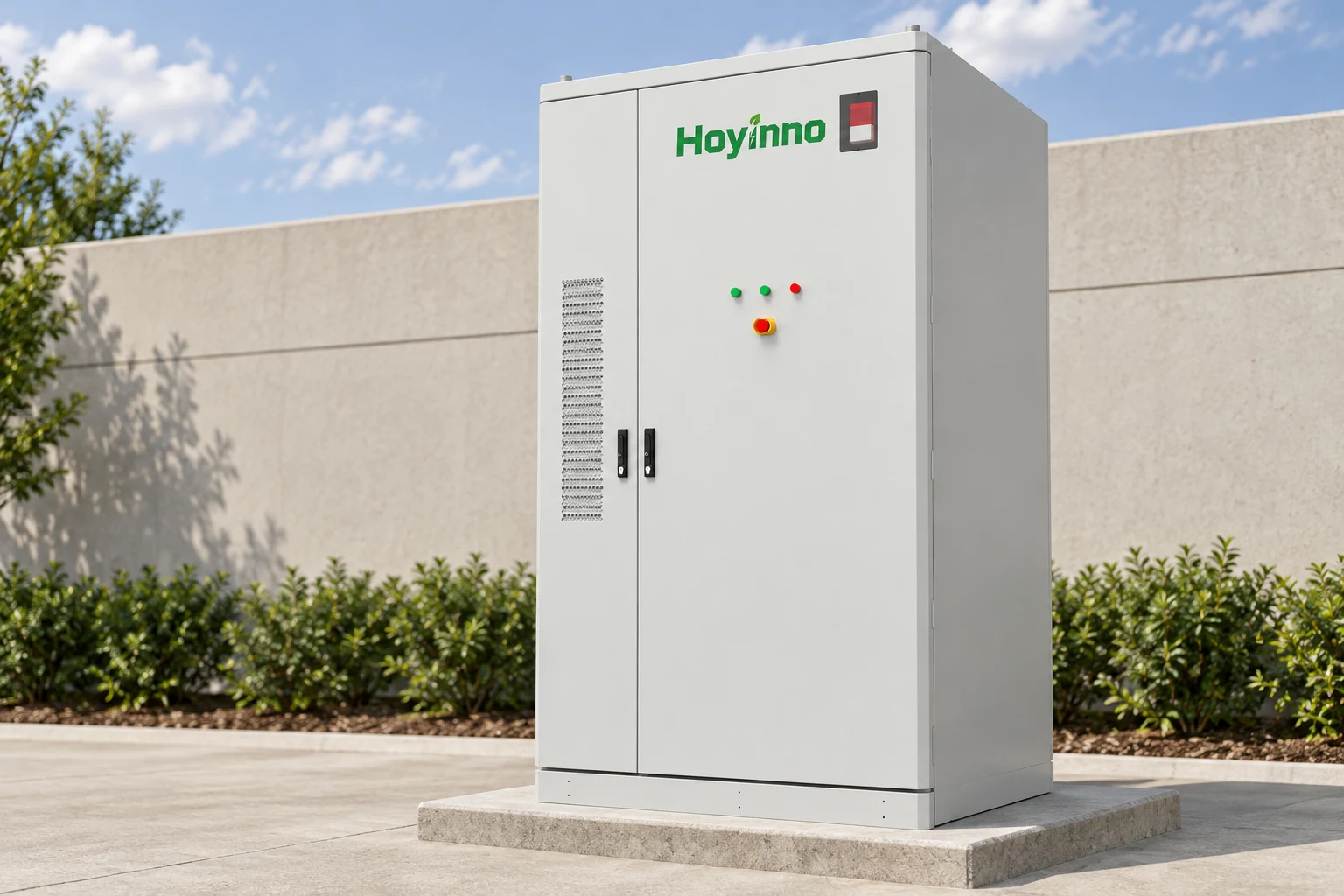 Hoyinno cabinet with two front handles, vertical grille and control indicators on an equipment pad