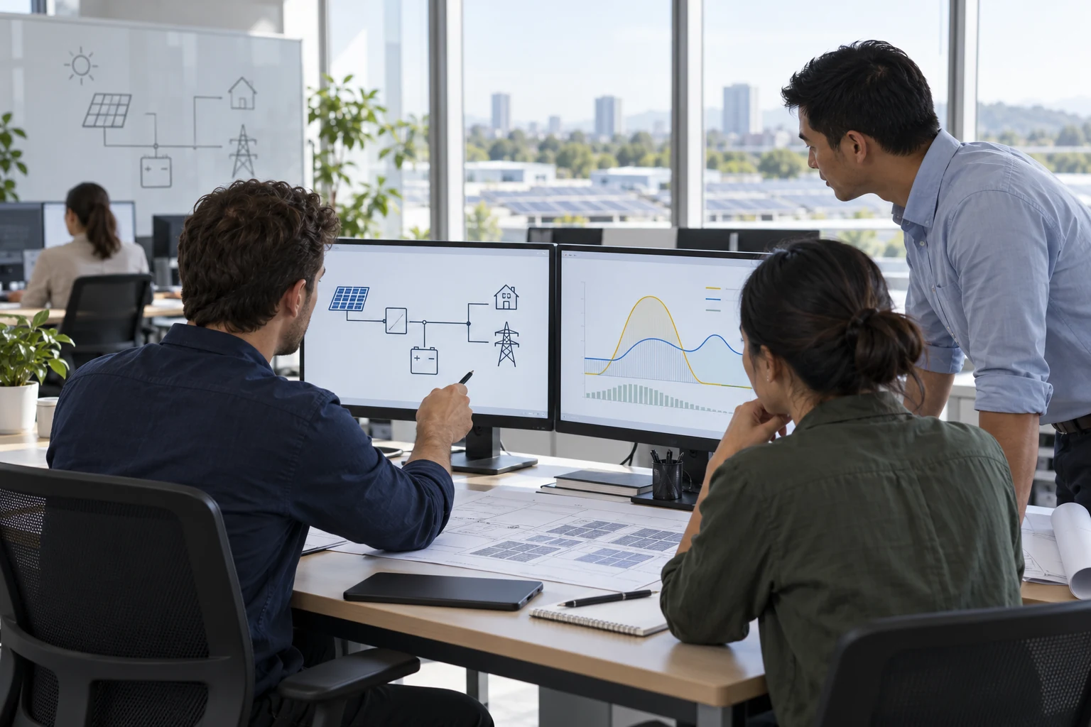 Engineering staff reviewing technical diagrams and data in a planning workspace