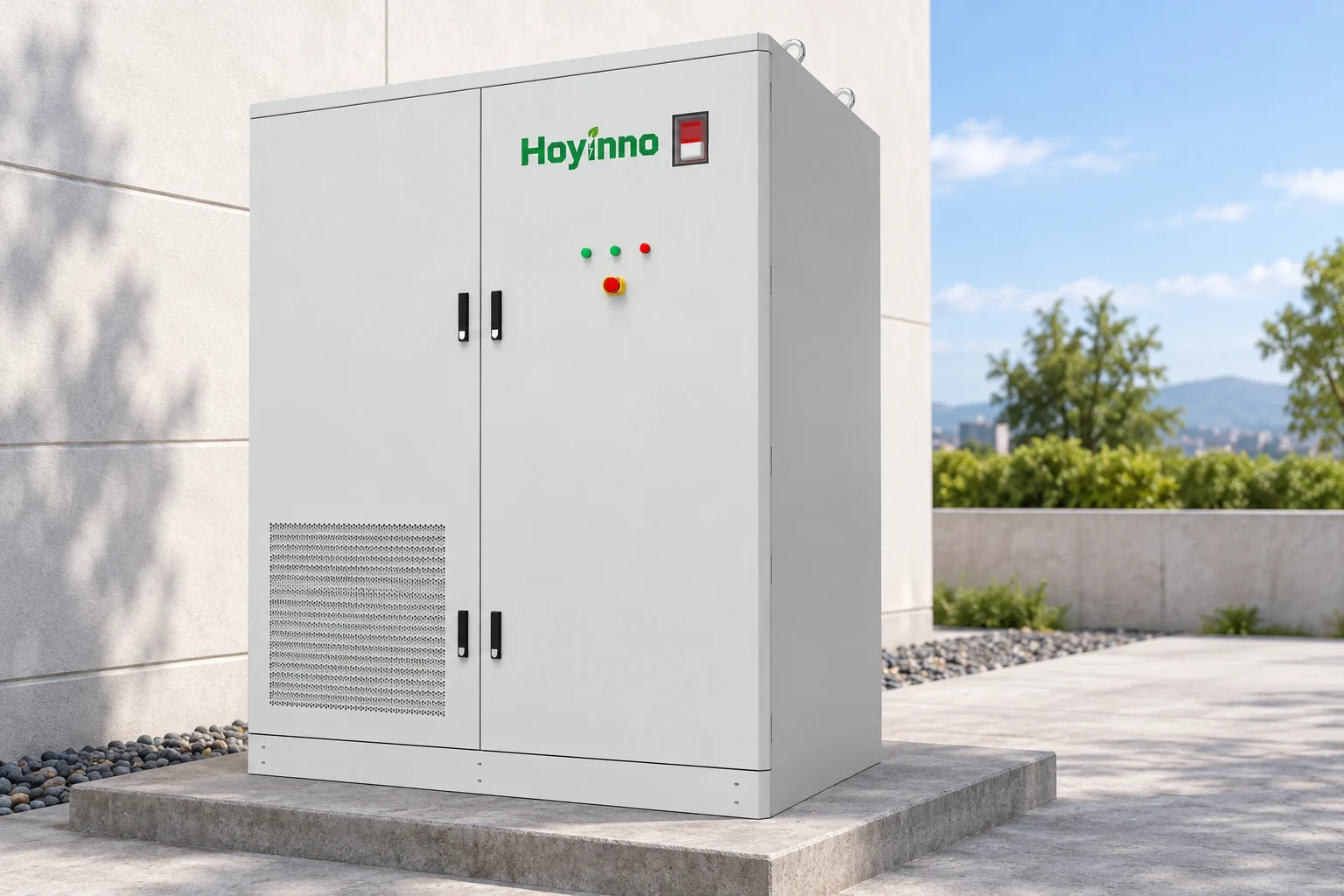 Hoyinno storage cabinet with four handles and lower left grille on an equipment pad