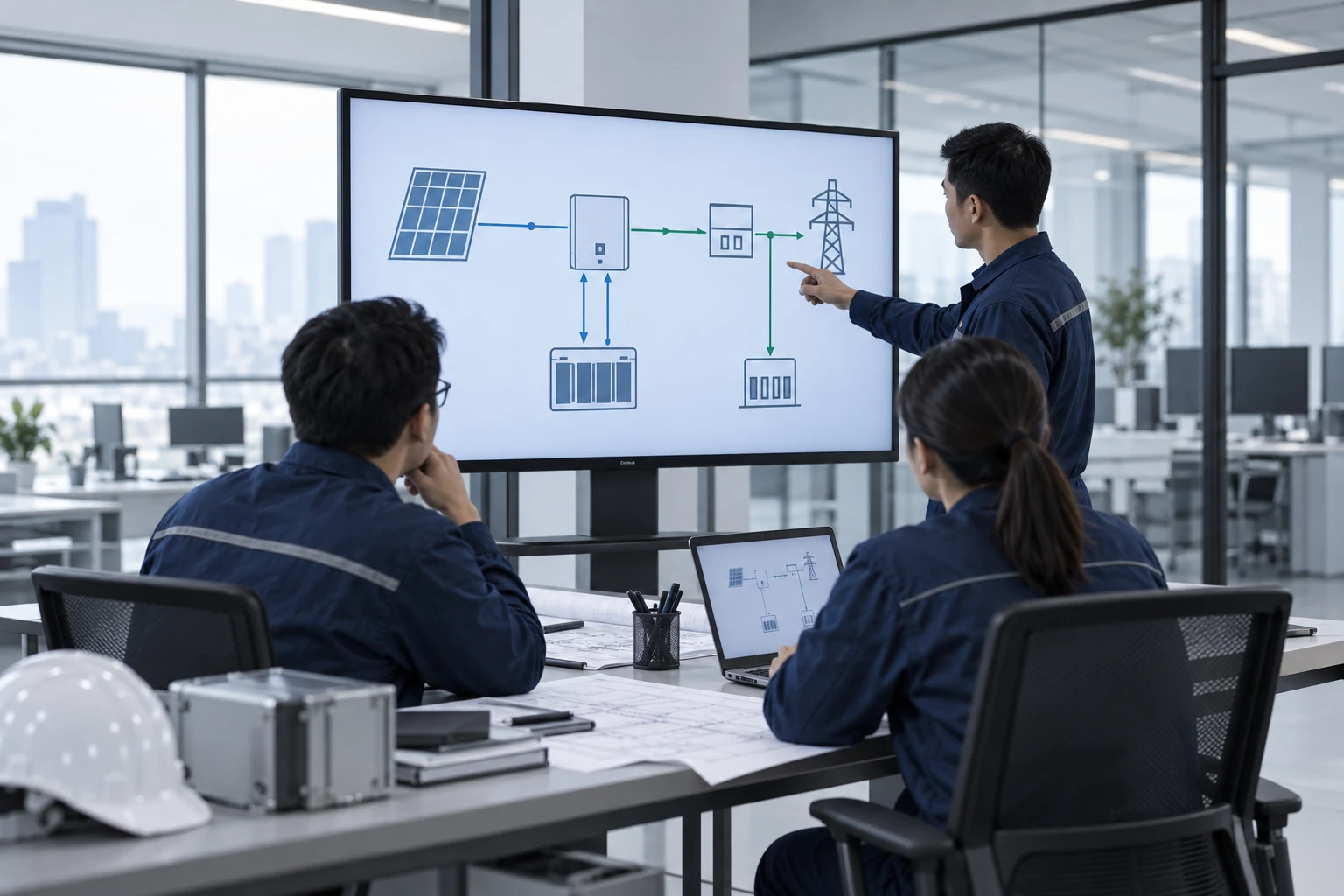 Engineers reviewing an abstract solar battery and grid schematic in a planning room
