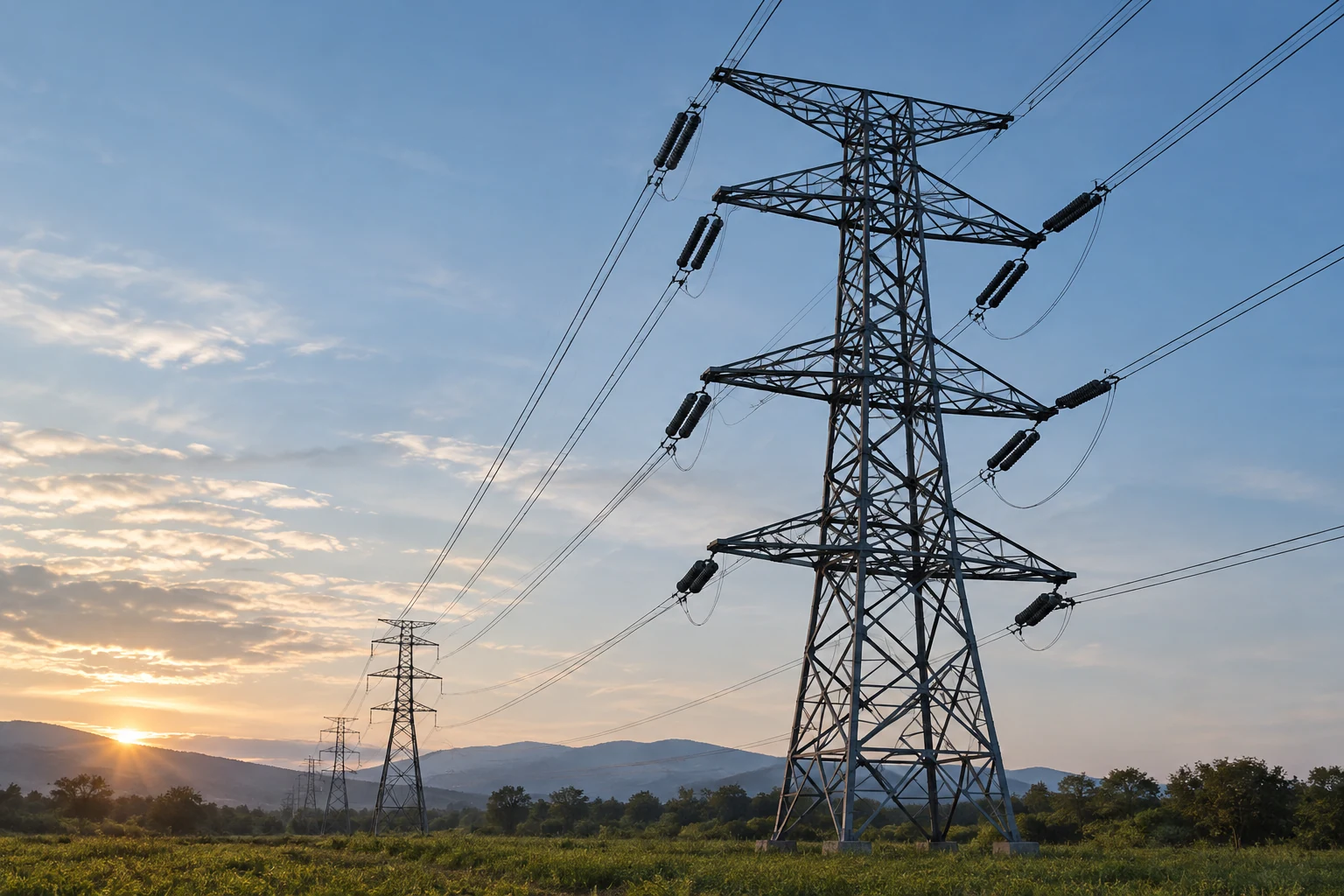 Transmission tower and conductors illustrating the grid connection boundary