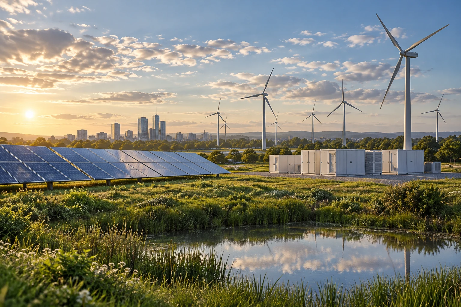 Solar panels and wind turbines in a generation landscape