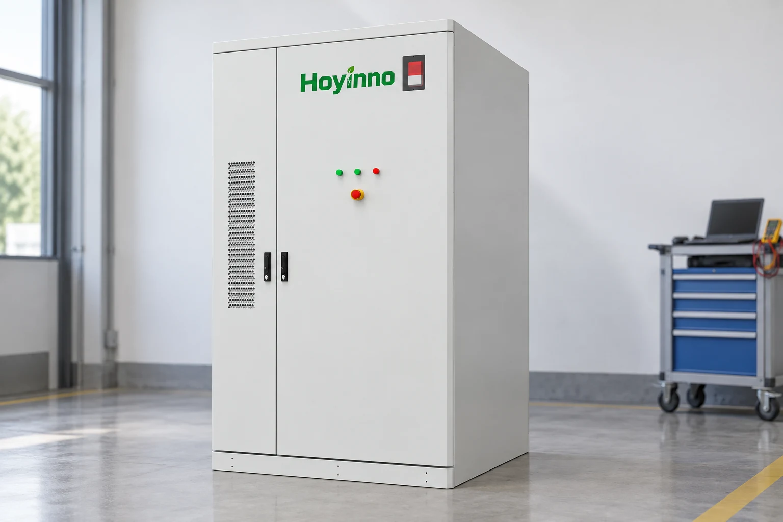 Hoyinno battery cabinet in an illustrative commissioning workspace